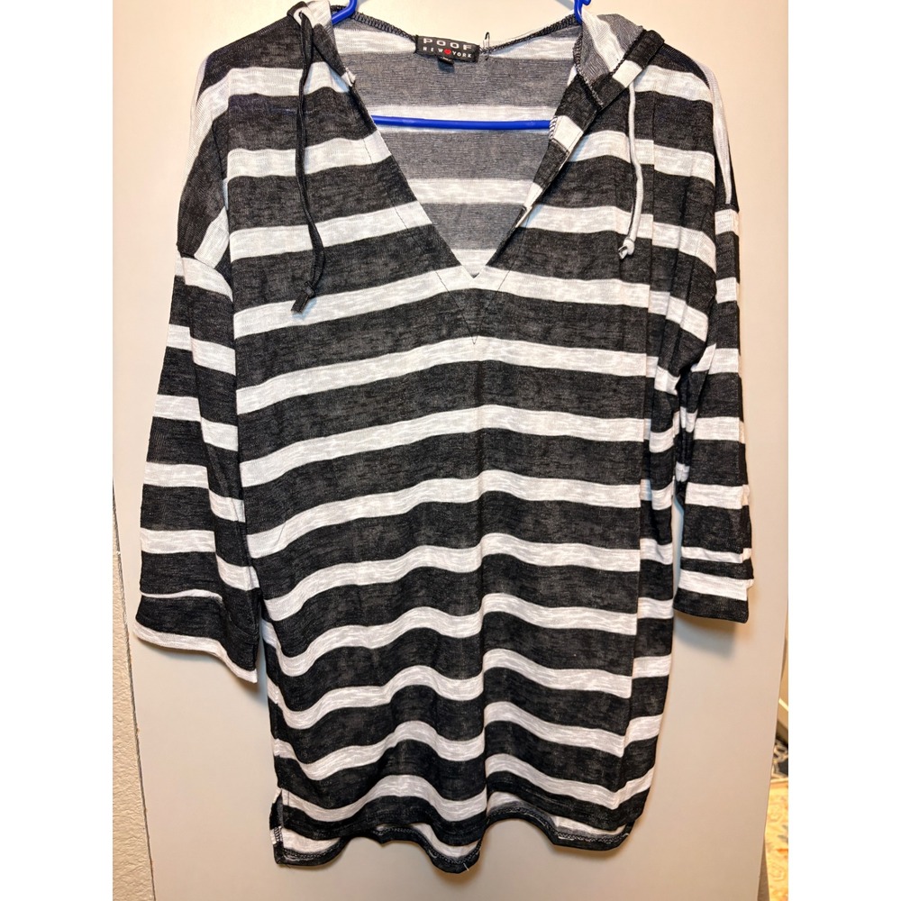 Poof New York Womens Black White Striped V-Neck Hoodie 3/4 Sleeve Top 223713